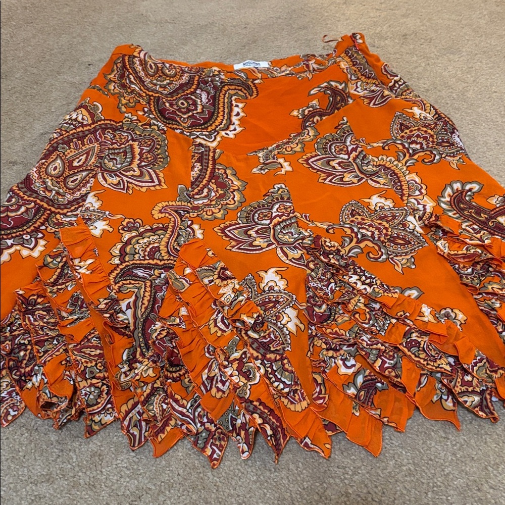 Moschino Cheap and Chic Vintage Orange Paisley Fringe Silk Skirt